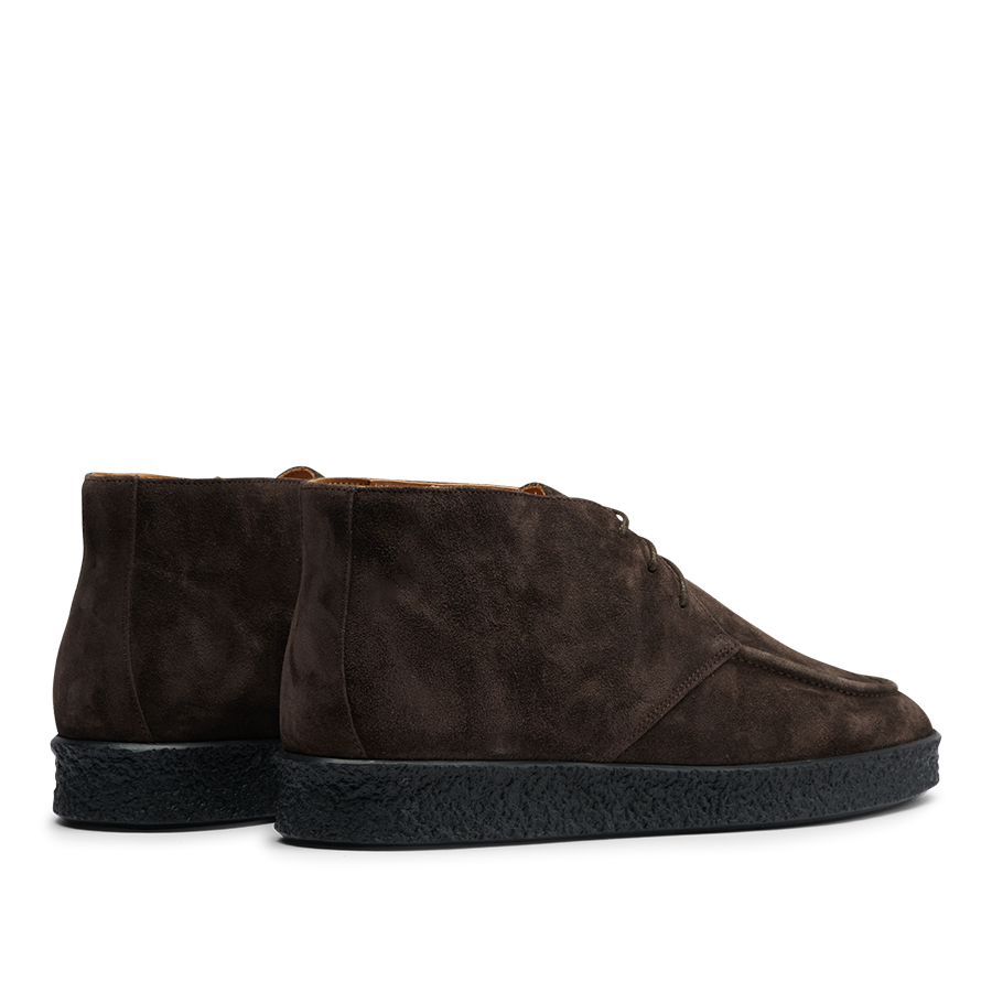 A pair of CQP's Chocolate Brown Suede Leather Plana Boots with crepe soles, shown from the back and side.