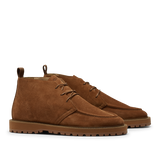 CQP Cognac Suede Leather Astra Dessert Boots feature a suede upper in a rich cognac brown, laces, and rugged rubber soles.