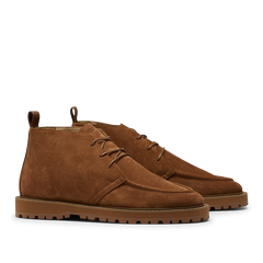 CQP Cognac Suede Leather Astra Dessert Boots feature a suede upper in a rich cognac brown, laces, and rugged rubber soles.