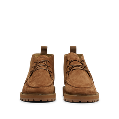 A front view of the Cognac Suede Leather Astra Dessert Boots by CQP, featuring a lace-up design and rugged rubber soles.