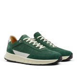 A pair of CQP Court Green Suede Leather Renna Sneakers with white laces and a white leather detail on the side, featuring a VIBRAM sole.