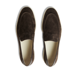 A pair of CQP chocolate brown suede leather Debonair slippers displayed on a transparent background.