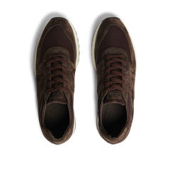 A pair of CQP Dark Brown Suede Leather Stride Runners with dark laces, viewed from above on a transparent background.