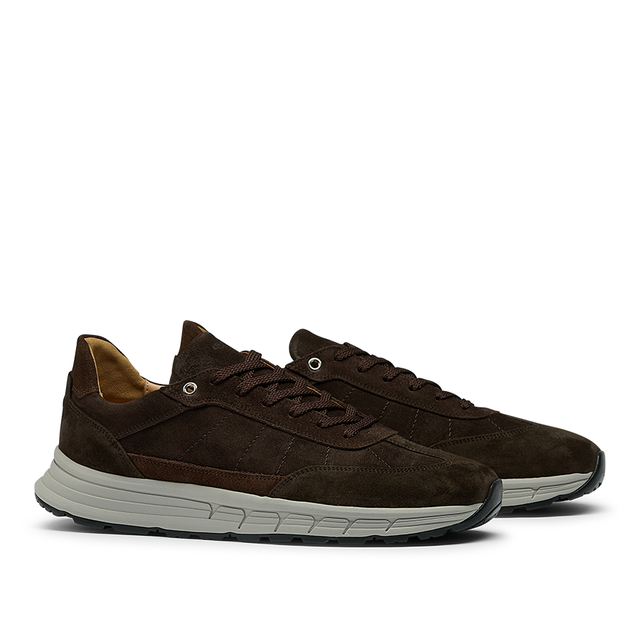 The Dark Brown Suede Leather Renna Sneakers by CQP feature brown laces and white VIBRAM rubber soles, crafted from premium materials, and are displayed against a plain white background.