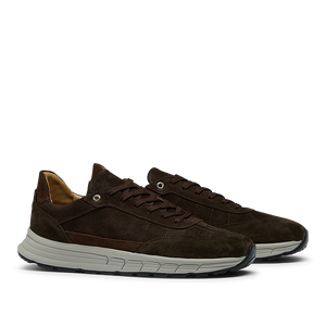 The Dark Brown Suede Leather Renna Sneakers by CQP feature brown laces and white VIBRAM rubber soles, crafted from premium materials, and are displayed against a plain white background.