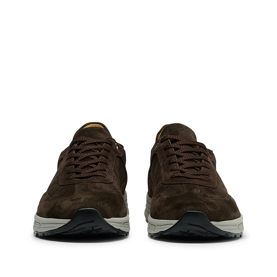 A pair of Dark Brown Suede Leather Renna Sneakers by CQP, featuring brown laces and white VIBRAM rubber soles, crafted from premium materials.