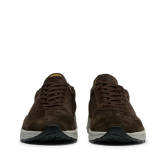 A pair of Dark Brown Suede Leather Renna Sneakers by CQP, featuring brown laces and white VIBRAM rubber soles, crafted from premium materials.