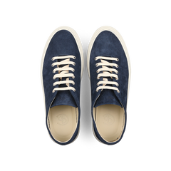 CQP's Indigo Blue Textured Suede Genoa Sneakers feature white laces and beige soles, offering style and arch support.