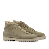 A pair of CQP Light Beige Suede Leather Sabulo Boots featuring a suede upper, white laces, and off-white rubber soles, displayed on a plain background.