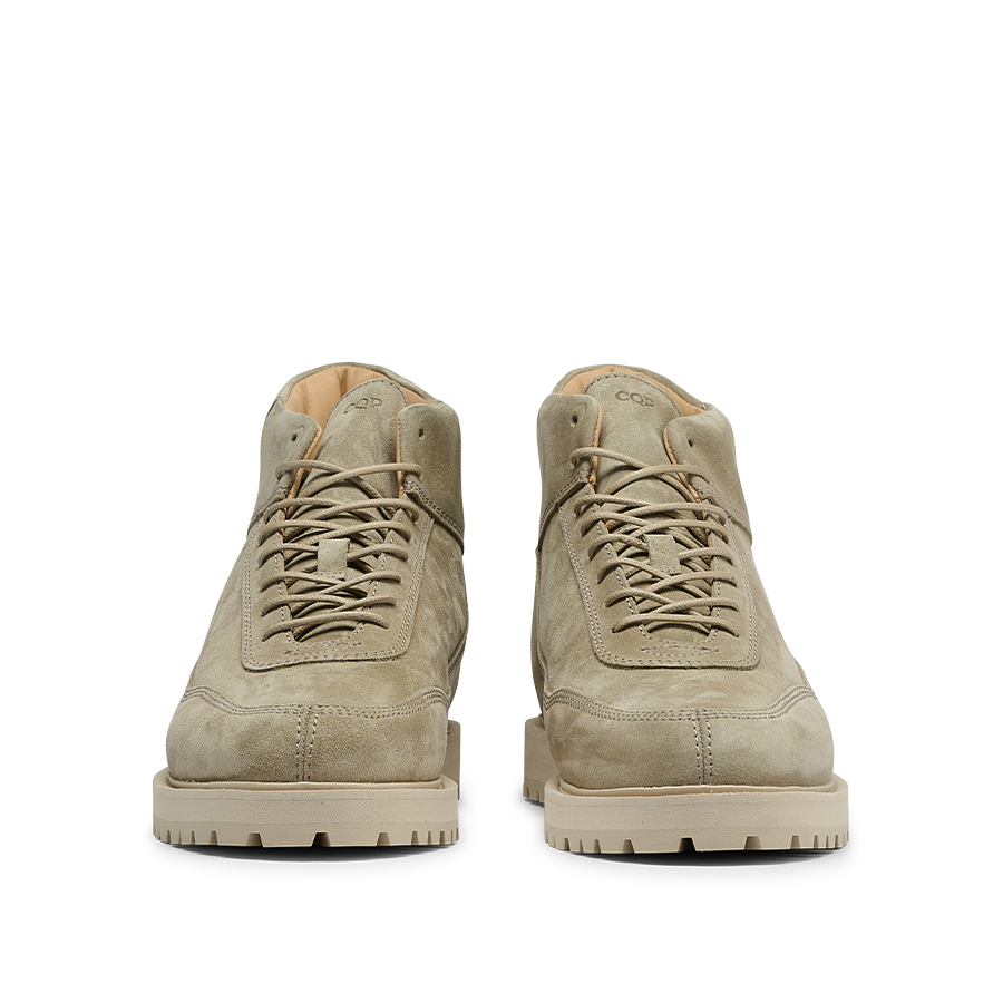 Front view of a pair of CQP Light Beige Suede Leather Sabulo Boots featuring rugged soles and a water-repellent upper.