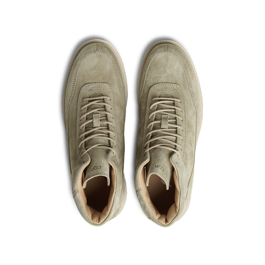 Top view of a pair of CQP Light Beige Suede Leather Sabulo Boots featuring a water-repellant upper and laces.