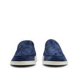 A pair of Navy Blue Suede Leather Debonair Slippers with rubber soles designed by CQP, displayed on a transparent background.