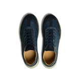 Top view of a pair of Navy Suede Leather Renna Mesh Sneakers by CQP, featuring a beige inner lining and light-colored VIBRAM soles, crafted from premium materials.