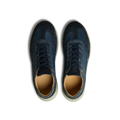 Top view of a pair of Navy Suede Leather Renna Mesh Sneakers by CQP, featuring a beige inner lining and light-colored VIBRAM soles, crafted from premium materials.