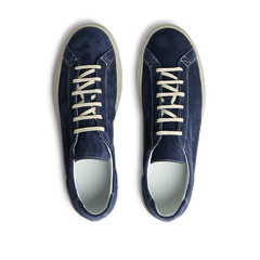 A pair of Navy Blue Suede Leather Racquet sneakers with white laces by CQP.