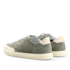 The Olive Green Suede Leather Bumper Sneakers by CQP feature beige accents and white soles, viewed from the back, capturing the charm of retro tennis shoes.