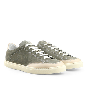 The Olive Green Suede Leather Bumper Sneakers by CQP, featuring white laces and beige accents, are displayed on a white background.