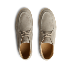 A pair of Taupe Beige Suede Leather Plana Boots with laces, viewed from above, set against a transparent background.