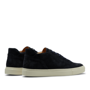 A pair of Prussian Blue Suede Leather Scion Sneakers by CQP with thick rubber soles, displayed on a plain background.