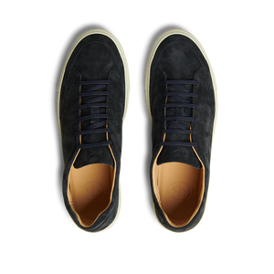 A pair of men's Prussian Blue Suede Scion sneakers, hand-crafted by CQP.