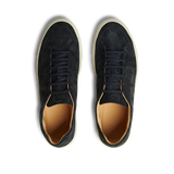 A pair of Prussian Blue Suede Leather Scion sneakers by CQP with matching laces and light brown inner soles, featuring a rubber sole, viewed from above on a transparent background.