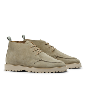 Introducing the Tan Beige Suede Leather Astra Boots by CQP, a pair of contemporary chukka boots crafted from beige suede with tan laces, a supportive rubber sole, and a convenient pull tab on the back.