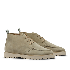 Introducing the Tan Beige Suede Leather Astra Boots by CQP, a pair of contemporary chukka boots crafted from beige suede with tan laces, a supportive rubber sole, and a convenient pull tab on the back.