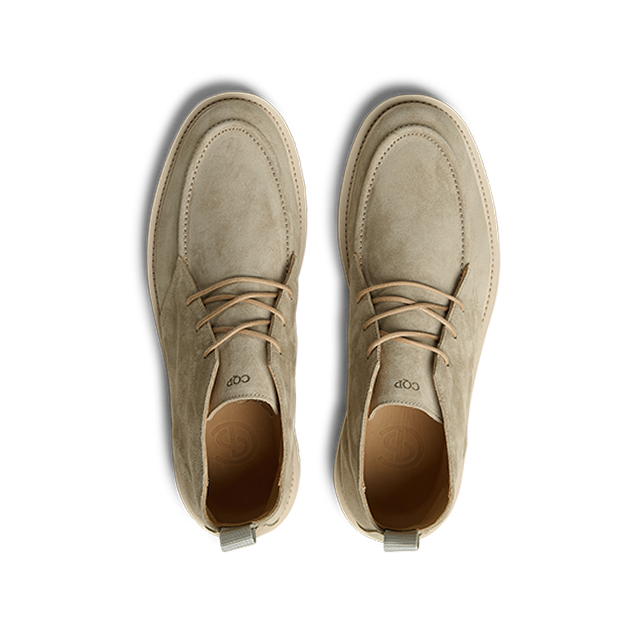 Top view of a pair of contemporary Tan Beige Suede Leather Astra Boots by CQP, featuring a light brown, finest suede upper and a supportive rubber sole.