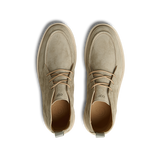 Top view of a pair of contemporary Tan Beige Suede Leather Astra Boots by CQP, featuring a light brown, finest suede upper and a supportive rubber sole.