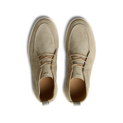 Top view of a pair of contemporary Tan Beige Suede Leather Astra Boots by CQP, featuring a light brown, finest suede upper and a supportive rubber sole.