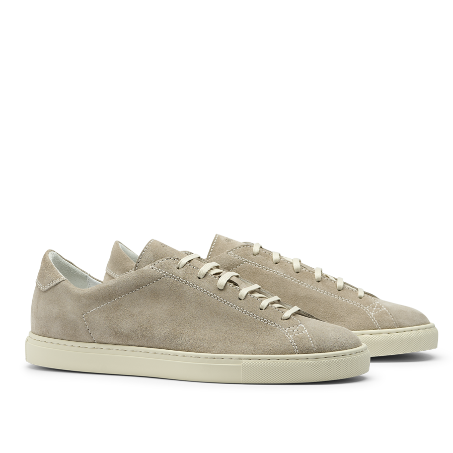 The CQP Taupe Beige Suede Leather Racquet Sneakers feature white laces and Margom rubber soles, handcrafted for quality, viewed from side and front angles.