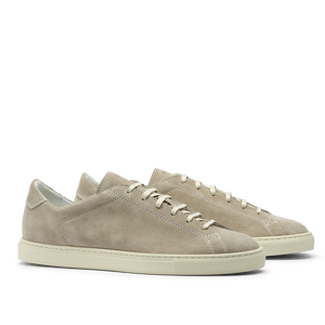 The CQP Taupe Beige Suede Leather Racquet Sneakers feature white laces and Margom rubber soles, handcrafted for quality, viewed from side and front angles.