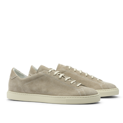 The CQP Taupe Beige Suede Leather Racquet Sneakers feature white laces and Margom rubber soles, handcrafted for quality, viewed from side and front angles.