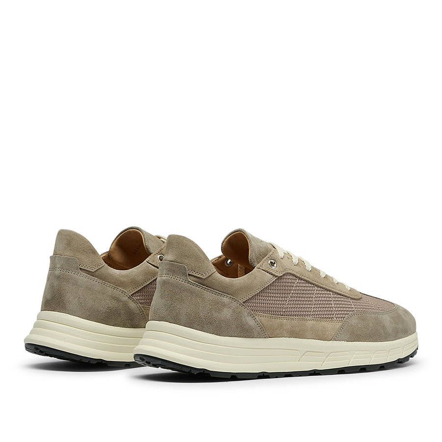 A pair of taupe suede and mesh CQP Renna sneakers with textured details, VIBRAM soles, and lace-up closures, displayed side by side.