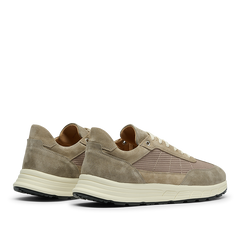 A pair of taupe suede and mesh CQP Renna sneakers with textured details, VIBRAM soles, and lace-up closures, displayed side by side.