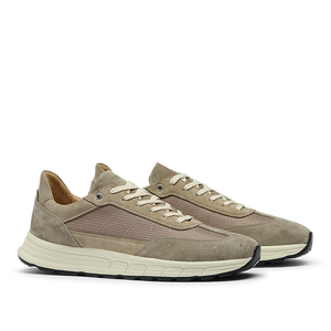 A pair of Taupe Suede Leather Renna Mesh Sneakers by CQP, featuring a beige and brown lace-up design crafted from premium materials, with white midsoles and black VIBRAM outsoles.