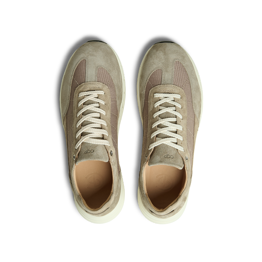 A pair of CQP Taupe Suede Leather Renna Mesh Sneakers featuring white laces, suede detailing, and a VIBRAM sole viewed from the top.