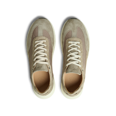 A pair of CQP Taupe Suede Leather Renna Mesh Sneakers featuring white laces, suede detailing, and a VIBRAM sole viewed from the top.