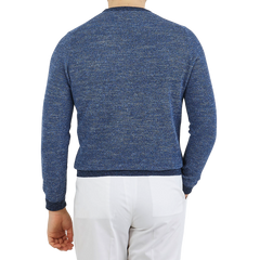 Canali Blue Melange Cotton Linen Crewneck Sweater Back