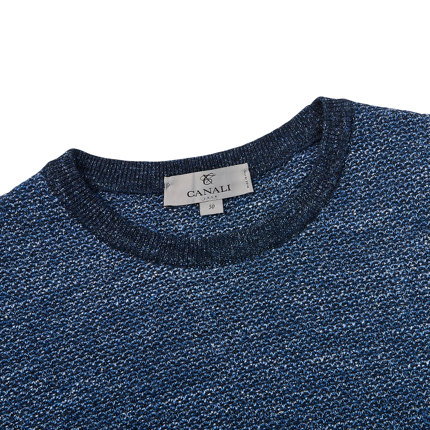 Canali Blue Melange Cotton Linen Crewneck Sweater Collar