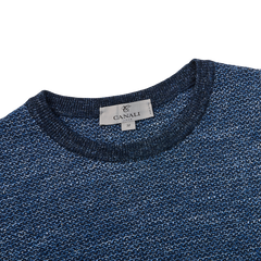 Canali Blue Melange Cotton Linen Crewneck Sweater Collar