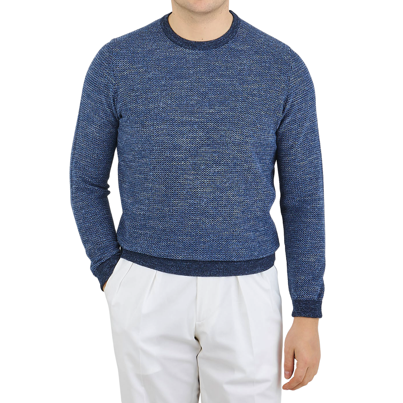 Canali Blue Melange Cotton Linen Crewneck Sweater Front