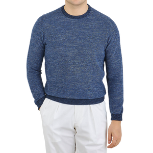 Canali Blue Melange Cotton Linen Crewneck Sweater Front