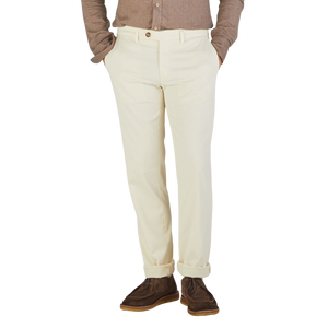 Canali Cream Beige Cotton Stretch Flat Front Chinos Front