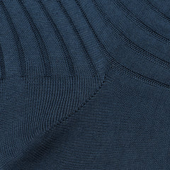 Close-up of the Airforce Blue Ribbed Cotton Socks by Canali, meticulously crafted from luxurious Egyptian cotton. The alternating ribbed and smooth textures create a geometric pattern, providing a seamless blend of luxury and comfort.