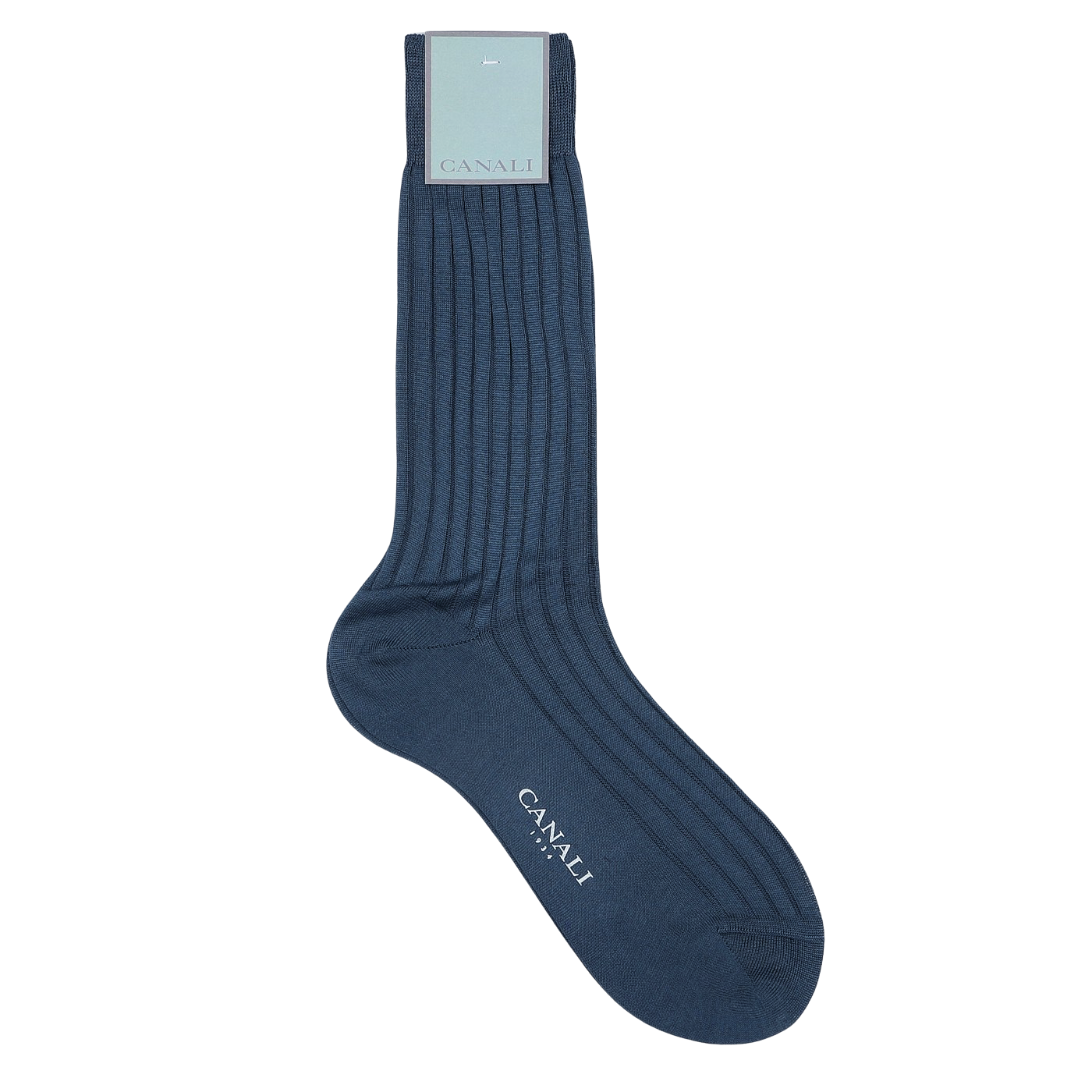 A single Airforce Blue sock, designed with vertical ribbing and made from luxurious cotton, showcases the "Canali" brand near the top.