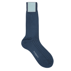 A single Airforce Blue sock, designed with vertical ribbing and made from luxurious cotton, showcases the "Canali" brand near the top.