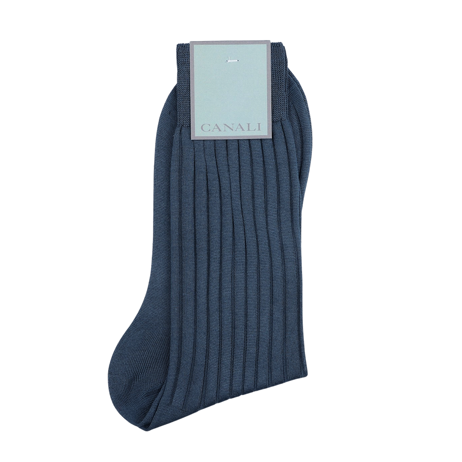 Airforce Blue Ribbed Cotton Socks by Canali, made from luxurious Egyptian cotton and featuring a tag at the top, offering a superior fit.