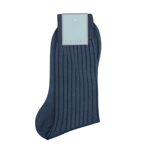 Airforce Blue Ribbed Cotton Socks by Canali, made from luxurious Egyptian cotton and featuring a tag at the top, offering a superior fit.