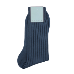 Airforce Blue Ribbed Cotton Socks by Canali, made from luxurious Egyptian cotton and featuring a tag at the top, offering a superior fit.